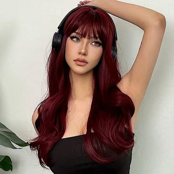 Wine Red Long Layers 24 Inch Wig With Bangs - Picture 1 of 5